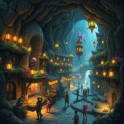 An underground ancient city, bustling with mythical creatures and vibrant colors