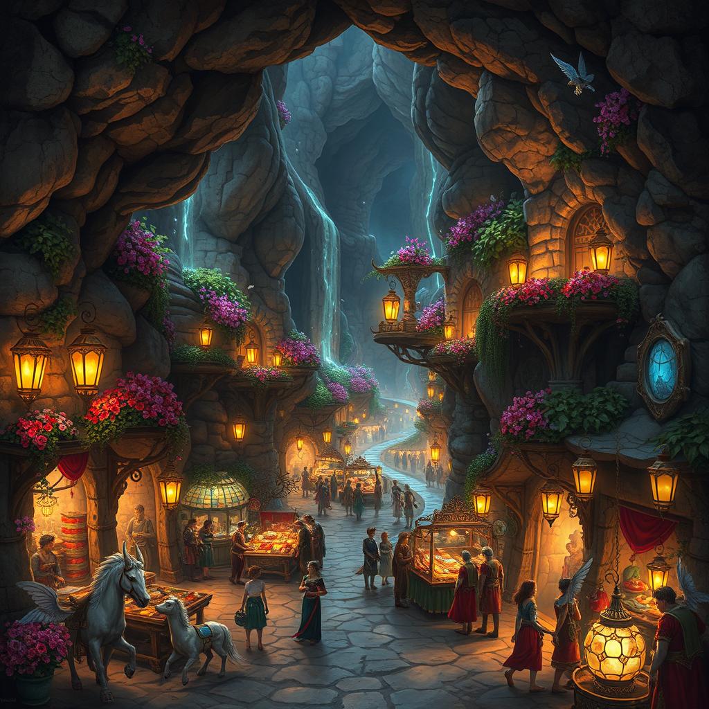 An underground ancient city, bustling with mythical creatures and vibrant colors