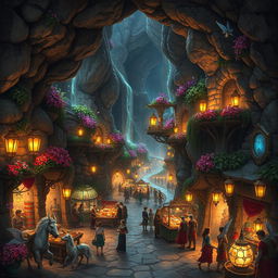 An underground ancient city, bustling with mythical creatures and vibrant colors