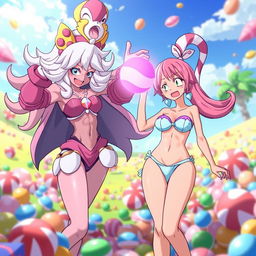 An exciting and whimsical scene where Majin Android 21 uses her candy beam ability to transform bikini Nami from One Piece into a candy