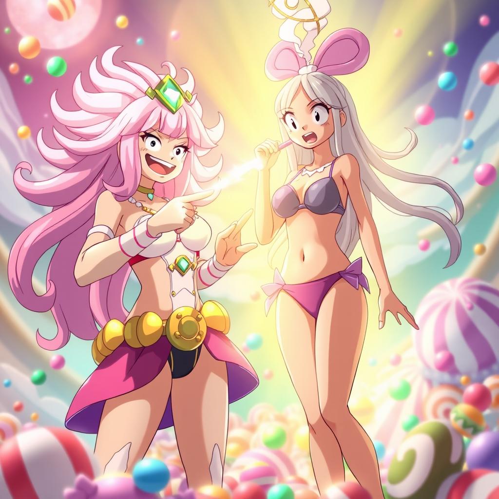 An exciting and whimsical scene where Majin Android 21 uses her candy beam ability to transform bikini Nami from One Piece into a candy