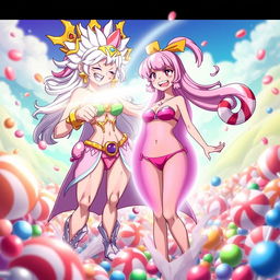 An exciting and whimsical scene where Majin Android 21 uses her candy beam ability to transform bikini Nami from One Piece into a candy