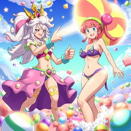 An exciting and whimsical scene where Majin Android 21 uses her candy beam ability to transform bikini Nami from One Piece into a candy