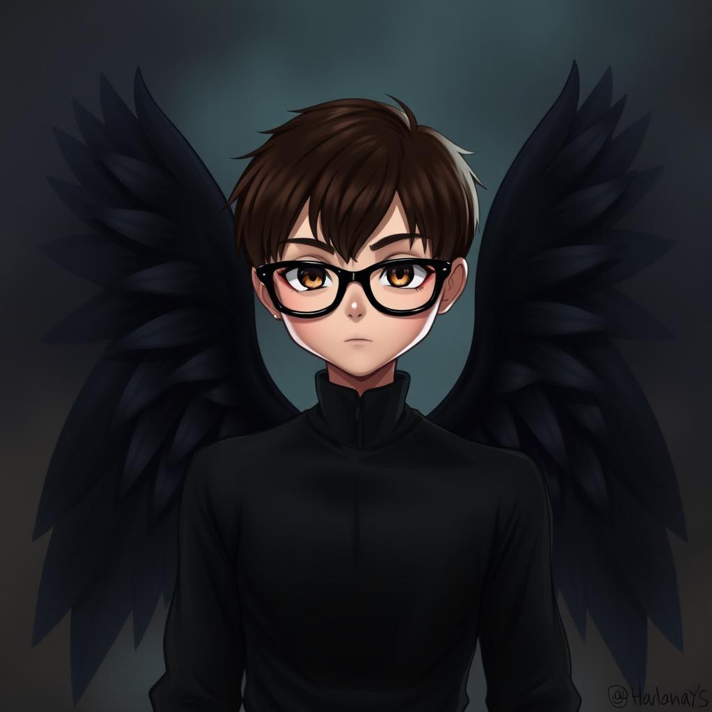 A brunet with brown eyes wearing black glasses, dressed in black attire, with large black wings sprouting from their back