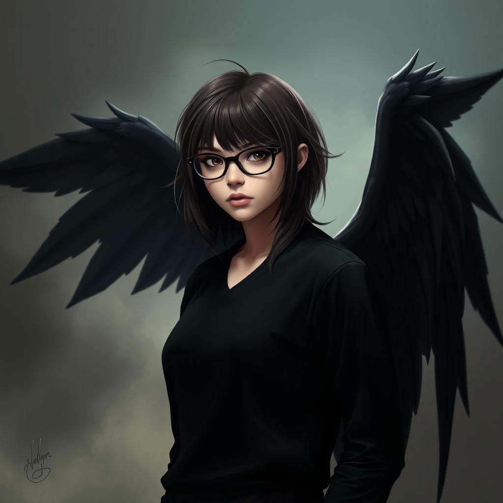 A brunet with brown eyes wearing black glasses, dressed in black attire, with large black wings sprouting from their back