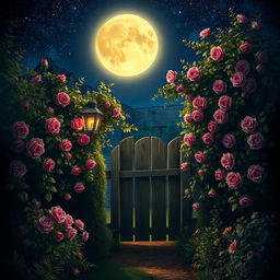 secret garden at night, illuminated by moonlight, with a wooden gate and climbing roses, starry sky, magical atmosphere, hidden pathway