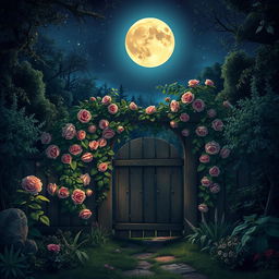 secret garden at night, illuminated by moonlight, with a wooden gate and climbing roses, starry sky, magical atmosphere, hidden pathway