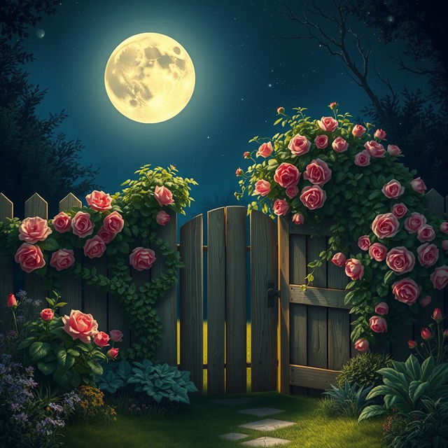 secret garden at night, illuminated by moonlight, with a wooden gate and climbing roses, starry sky, magical atmosphere, hidden pathway