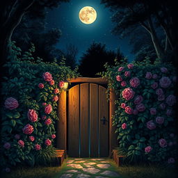 secret garden at night, illuminated by moonlight, with a wooden gate and climbing roses, starry sky, magical atmosphere, hidden pathway