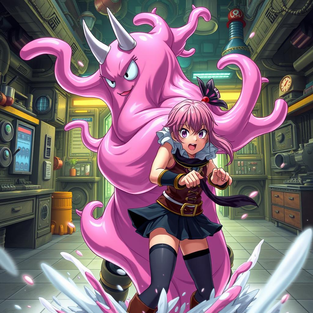 A dynamic and intense scene where Majin Android 21 transforms into her pink slime form to envelop Nami from behind