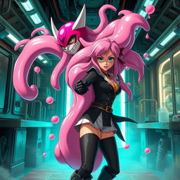 A dynamic and intense scene where Majin Android 21 transforms into her pink slime form to envelop Nami from behind