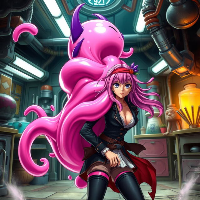 A dynamic and intense scene where Majin Android 21 transforms into her pink slime form to envelop Nami from behind