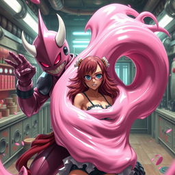 A dynamic and intense scene where Majin Android 21 transforms into her pink slime form to envelop Nami from behind