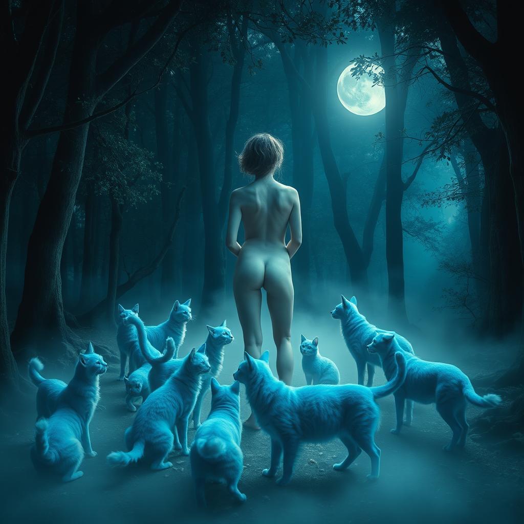 A surreal scene with blue cats and blue dogs playfully interacting in a dreamy, enchanted forest