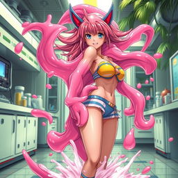 An action-packed scene depicting Majin Android 21 transforming into her liquid pink slime form to envelop Nami from behind