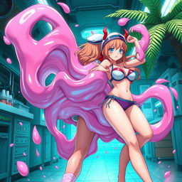 An action-packed scene depicting Majin Android 21 transforming into her liquid pink slime form to envelop Nami from behind