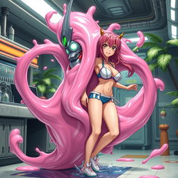 An action-packed scene depicting Majin Android 21 transforming into her liquid pink slime form to envelop Nami from behind