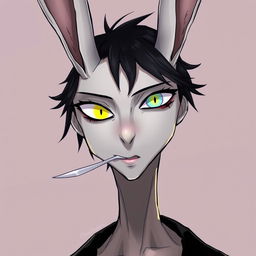 A slender male with long rabbit ears, featuring one blue eye and one yellow eye with a vertical slit pupil