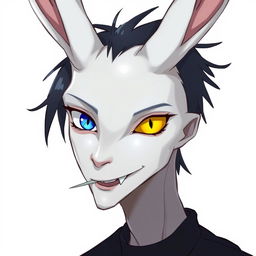 A slender male with long rabbit ears, featuring one blue eye and one yellow eye with a vertical slit pupil