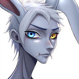 A slender male with long rabbit ears, featuring one blue eye and one yellow eye with a vertical slit pupil