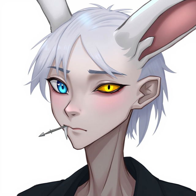 A slender male with long rabbit ears, featuring one blue eye and one yellow eye with a vertical slit pupil