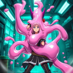 An action-focused scene where Majin Android 21 transforms into her liquid pink slime form to absorb Nami from behind