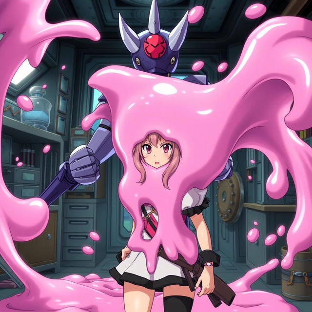 An action-focused scene where Majin Android 21 transforms into her liquid pink slime form to absorb Nami from behind