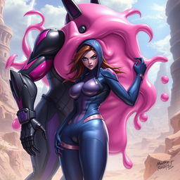 A dynamic and suspenseful scene illustrating Majin Android 21 transforming into her liquid pink slime form to absorb Widowmaker from Overwatch from behind, aiming to assimilate her body