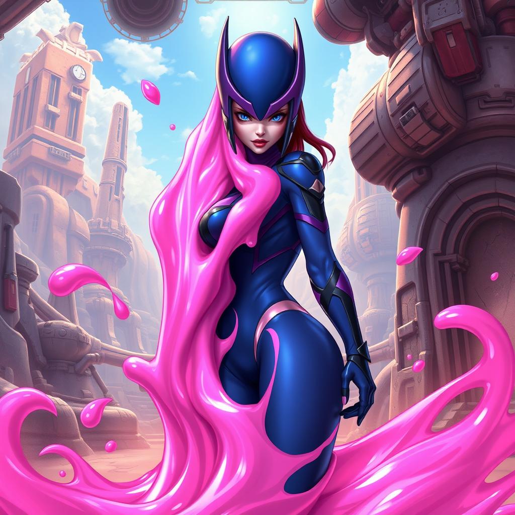 A dynamic and suspenseful scene illustrating Majin Android 21 transforming into her liquid pink slime form to absorb Widowmaker from Overwatch from behind, aiming to assimilate her body