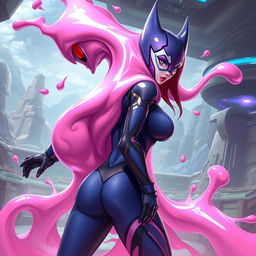 A dynamic and suspenseful scene illustrating Majin Android 21 transforming into her liquid pink slime form to absorb Widowmaker from Overwatch from behind, aiming to assimilate her body