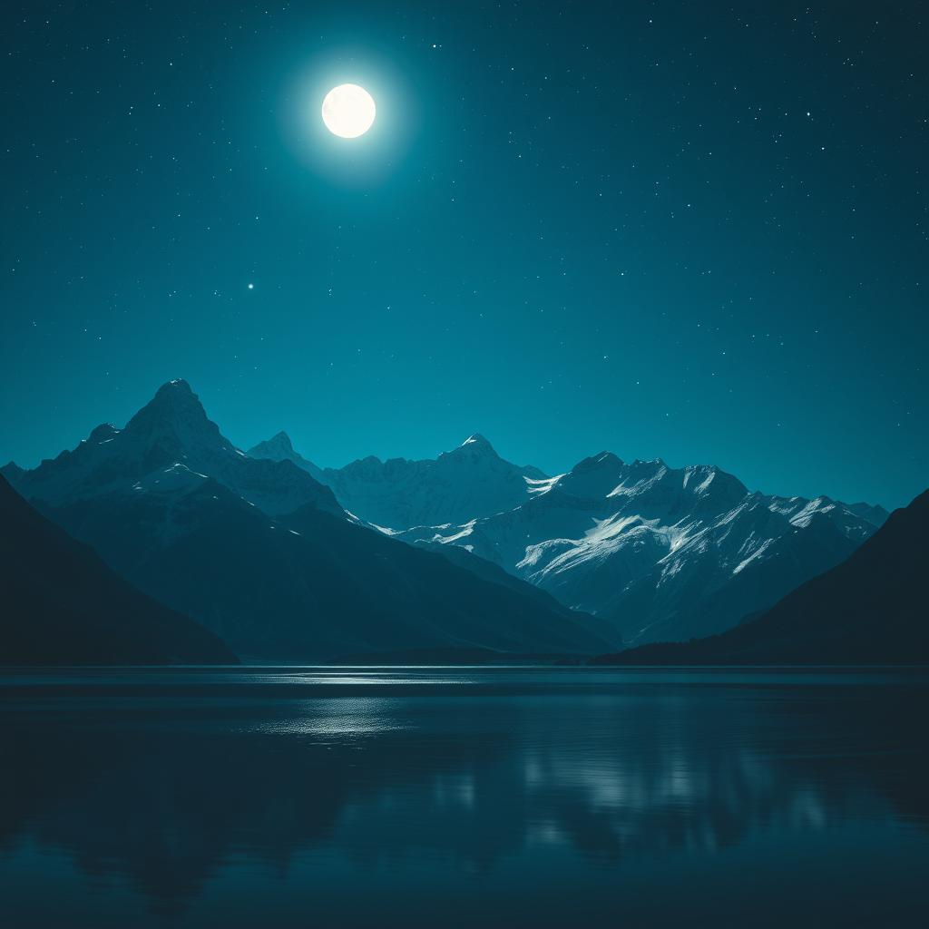 A majestic mountain range under a starlit sky, with the moon casting a gentle glow on the peaks