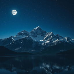 A majestic mountain range under a starlit sky, with the moon casting a gentle glow on the peaks