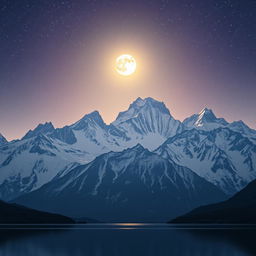 A majestic mountain range under a starlit sky, with the moon casting a gentle glow on the peaks