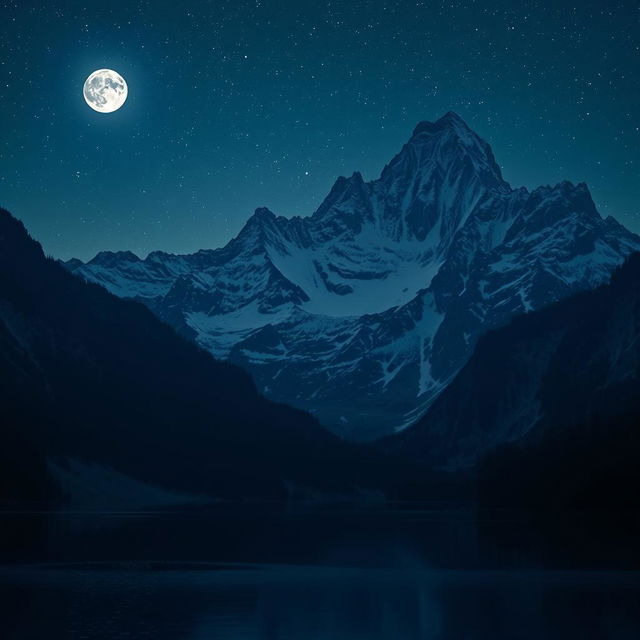 A majestic mountain range under a starlit sky, with the moon casting a gentle glow on the peaks