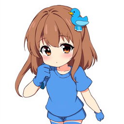 Anime-style illustration of a girl with dark brown eyes and loose brown hair adorned with a playful blue duck hair clip