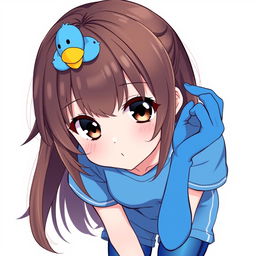 Anime-style illustration of a girl with dark brown eyes and loose brown hair adorned with a playful blue duck hair clip