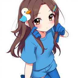 Anime-style illustration of a girl with dark brown eyes and loose brown hair adorned with a playful blue duck hair clip