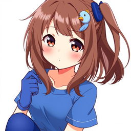 Anime-style illustration of a girl with dark brown eyes and loose brown hair adorned with a playful blue duck hair clip