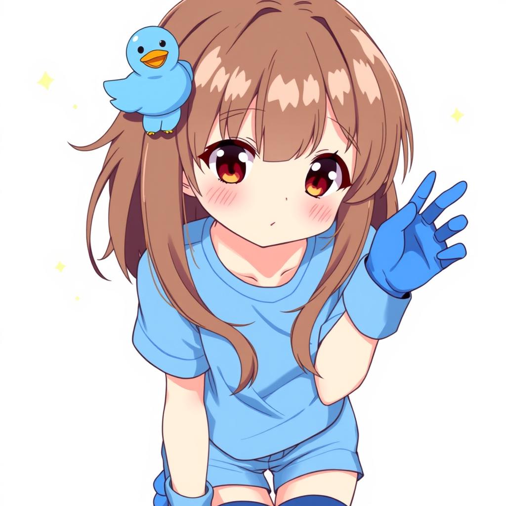 Anime-style illustration of a girl with dark brown eyes and loose brown hair adorned with a playful blue duck hair clip