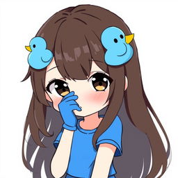 Anime-style illustration of a girl with dark brown eyes and loose brown hair adorned with a playful blue duck hair clip