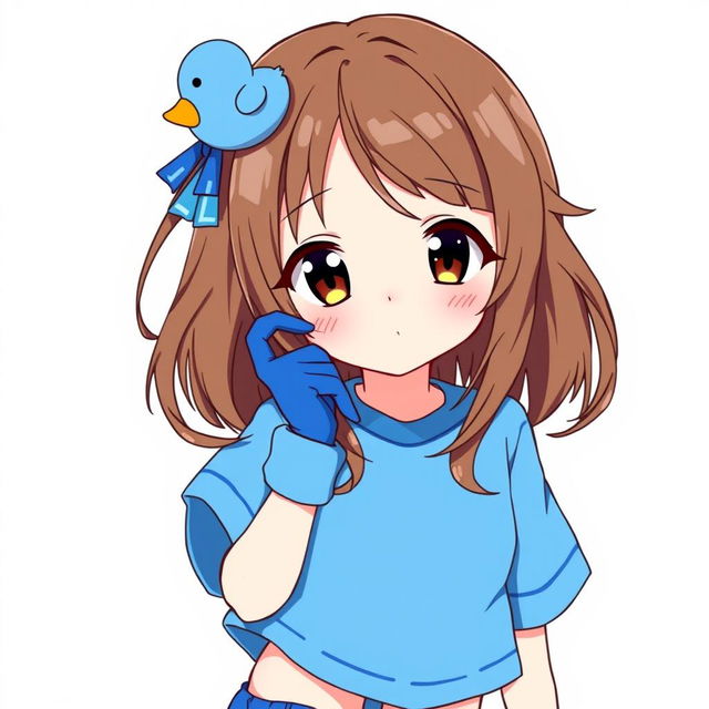 Anime-style illustration of a girl with dark brown eyes and loose brown hair adorned with a playful blue duck hair clip