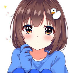 Anime-style illustration of a girl with dark brown eyes and loose brown hair adorned with a playful blue duck hair clip