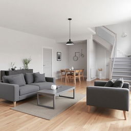 A Scandinavian-style living room with a minimalist and cozy atmosphere featuring a grey color palette