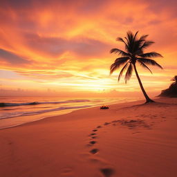 A tranquil beach landscape at sunset, with golden sands and gentle waves lapping at the shore