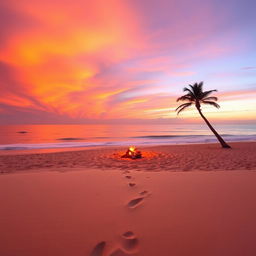 A tranquil beach landscape at sunset, with golden sands and gentle waves lapping at the shore