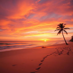 A tranquil beach landscape at sunset, with golden sands and gentle waves lapping at the shore