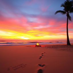 A tranquil beach landscape at sunset, with golden sands and gentle waves lapping at the shore