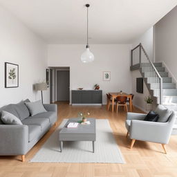 A Scandinavian-style living room with a minimalist and cozy atmosphere featuring a grey color palette