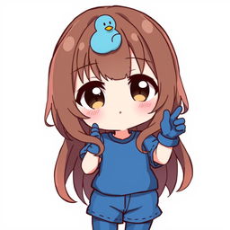 Anime-style illustration of a cute girl, featuring loose brown hair with a charming blue duck hair clip