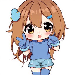 Anime-style illustration of a cute girl, featuring loose brown hair with a charming blue duck hair clip